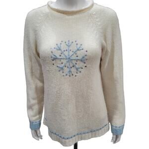 VNTG Y2K Quacker Factory Women’s Snowflake Sweater Small White Blue Sequin Wool